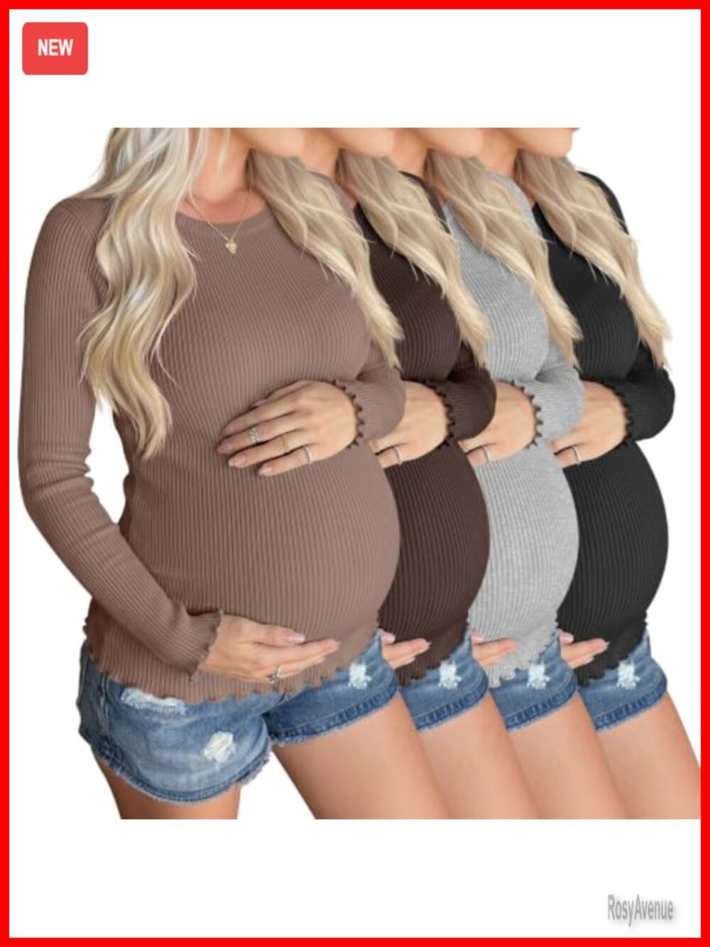 Maternity Ribbed Long Sleeve Tops Crew Neck Slim Fit Pullover